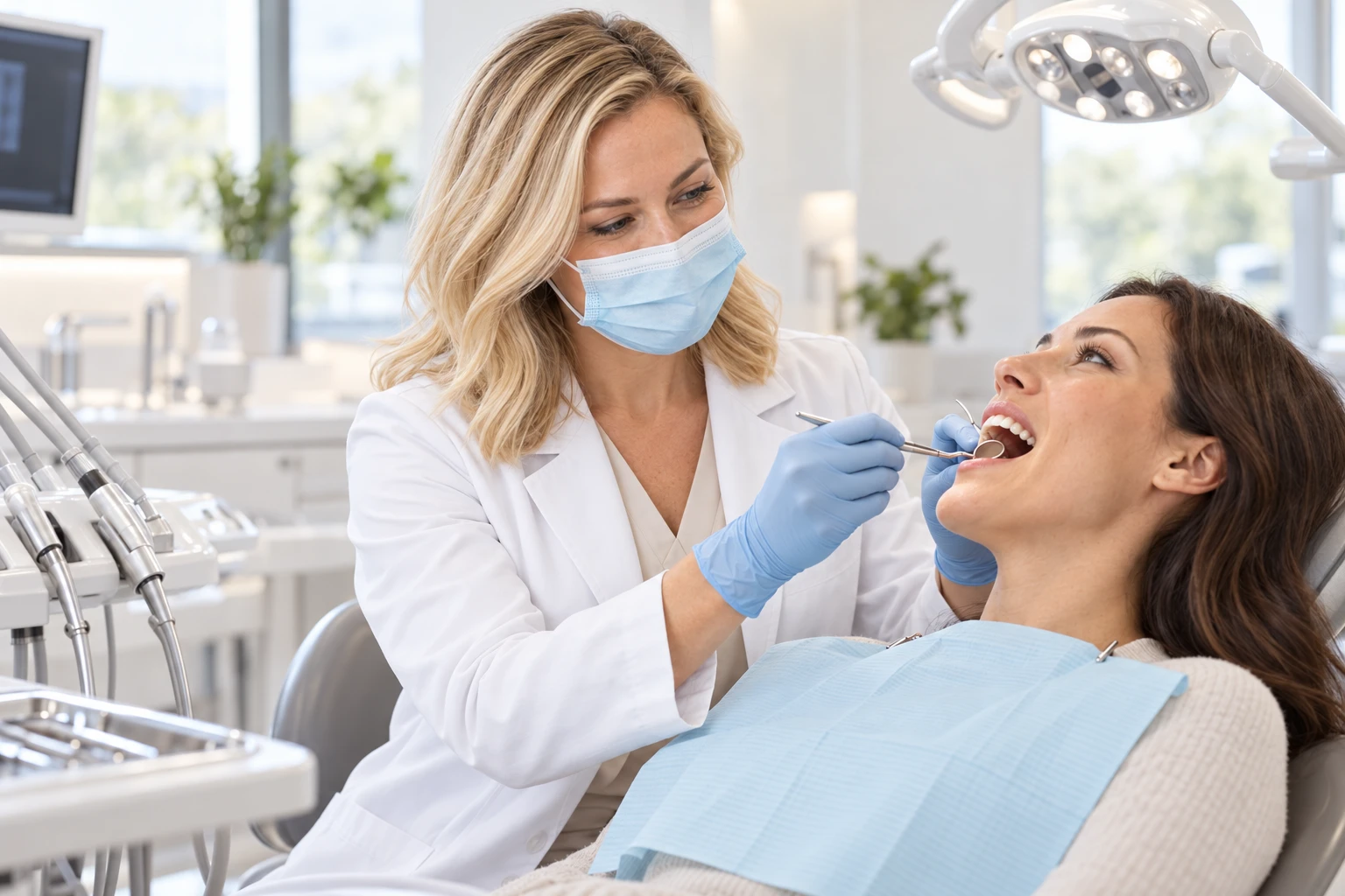 Dentista atendendo uma paciente na cadeira odontológica