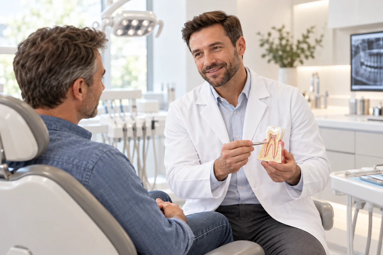 Dentista explicando o tratamento com um modelo de dente