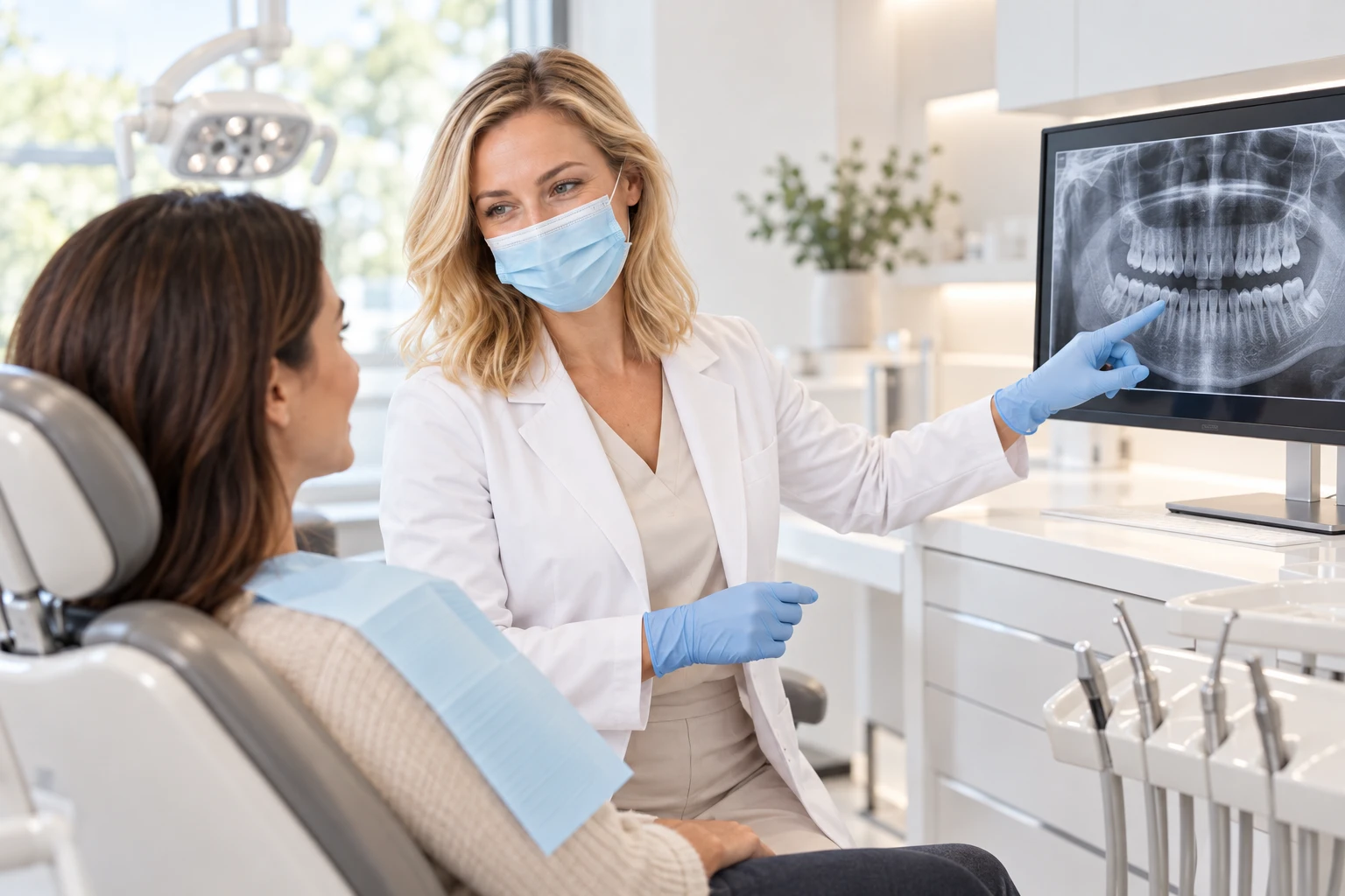 Dentista mostrando uma radiografia na tela para a paciente